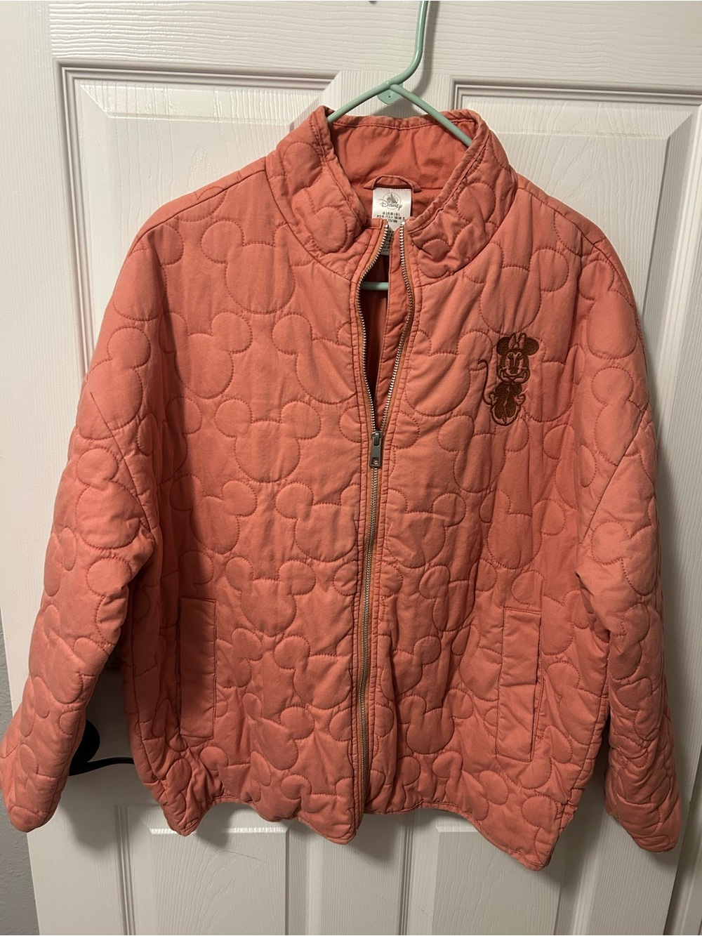 Disney Parks Women's L Jacket Mickey Head Quilted with Minnie Peach Zip Up